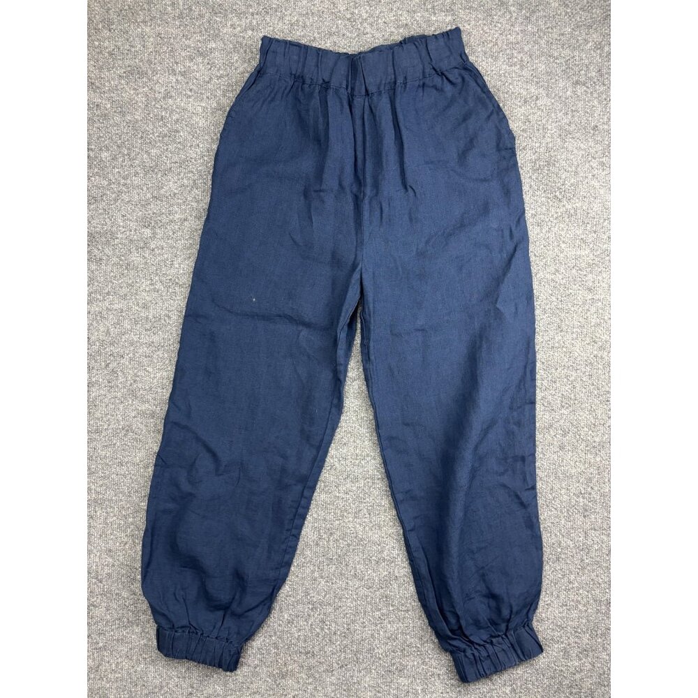 La Petite Alice Pants Women Medium Blue Linen Jogger Elastic Waist Cuffed Ankles